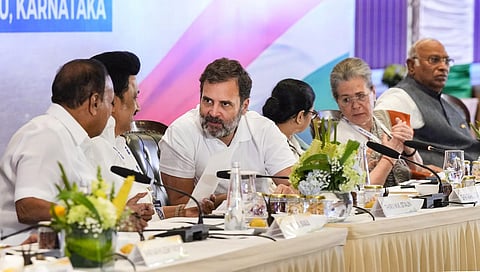 TR Baalu, MK Stalin, Rahul Gandhi, Mamata Banerjee, Sonia Gandhi and Mallikarjun Kharge during opposition parties' meet, in Bengaluru, on July 18, 2023. (PTI)