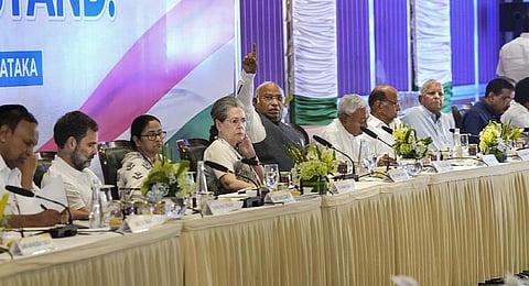 MK Stalin, Rahul Gandhi, Mamata Banerjee, Sonia Gandhi, Mallikarjun Kharge, Nitish Kumar, Arvind Kejriwal and others during opposition meet. (Photo | PTI)