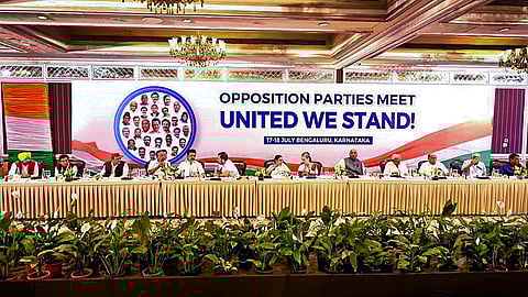 Political leaders during the Opposition meet in Bengaluru, July 18, 2023. (Photo|PTI)