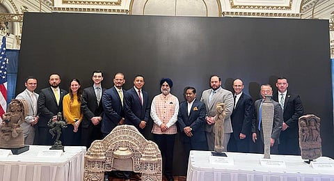 Officials from the US and India pose during a ceremony marking the restitution of artifacts in New York, on Monday, July 17, 2023. (Photo | Twitter @IndianEmbassyUS)