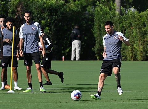 Argentina's Lionel Messi (L) trains with Inter Miami CF teammates at the Florida Blue Training Center next to DRV PNK Stadium in Fort Lauderdale, Florida. (File photo | AFP)