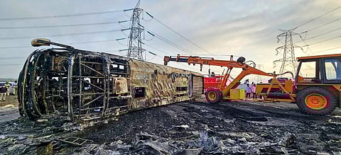 A bus met with an accident and caught fire killing at least 25 passengers and injuring many others on the Samruddhi Expressway in Maharashtra's Buldhana district, on July 1, 2023. (PTI)