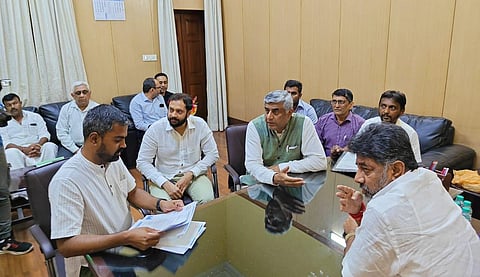 Bengaluru Development Minister DK Shivakumar holds a meeting with representatives of Bengaluru Apartment Federation on Saturday. (Photo | Express)