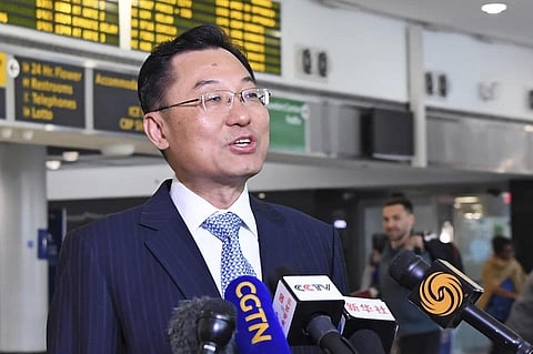 In this photo released by Xinhua News Agency, Xie Feng, China's new ambassador to the US speaks to the media, May 23, 2023. (Photo | AP)