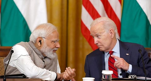 FILE - Prime Minister Narendra Modi and President Joe Biden in a meeting with American and Indian business leaders in Washington. (Photo | PTI)
