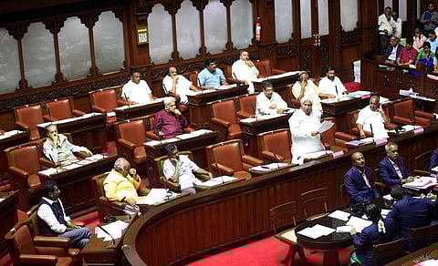 Law and Parliamentary Affairs Minister HK Patil speaks in the Council on Tuesday. (Photo | Express)