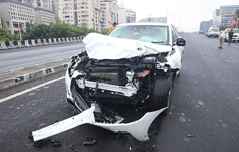 A damaged car after an accident in Ahmedabad,Thursday, July 20,2023. At least 9 dead, 13 injured in a major accident involving multiple vehicles at ISKCON flyover. (Photo | PTI)