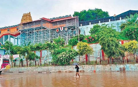Floodwaters inundate the areas around the Ramalayam in B’chalam on Thursday. (Photo | Express)
