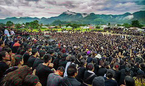 Members of the Indigenous Tribal Leaders’ Forum at a protest rally over the parading of women naked, in Churachandpur district of Manipur. (Photo | PTI)