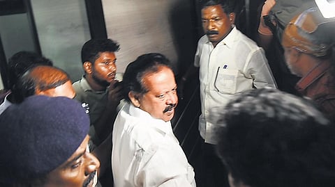 Minister K Ponmudy being brought to the ED office in Chennai. (Photo | P Ravikumar, EPS)
