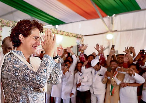 AICC General Secretary Priyanka Gandhi Vadra during the party's 'Jan Aakrosh' rally, in Gwalior. (Photo | PTI)
