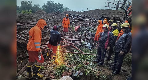 NDRF personnel during a search and rescue operation after a landslide at Irshalwadi village in Raigad district, Thursday, July 20, 2023. (Photo | PTI)