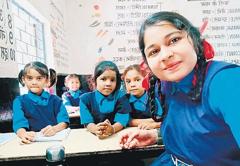 Jahnvi Yadu attends school in a uniform two days a week