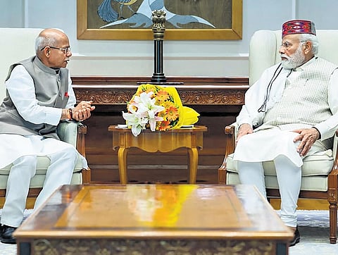 Prime Minister Narendra Modi and Governor of Himachal Pradesh Shiv Pratap Shukla during a meeting in New Delhi on Friday | PTI