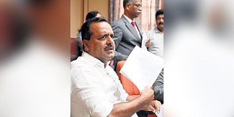 Speaker UT Khader addresses the media in Bengaluru on Friday. (Photo | Nagaraja Gadekal)