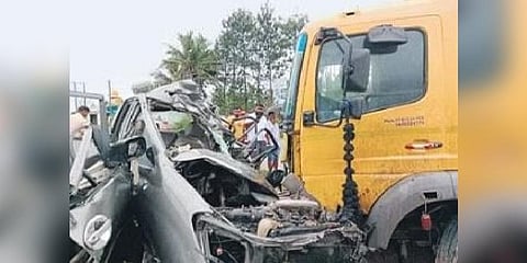 Mangled remains of the Toyota Innova which met with an accident
