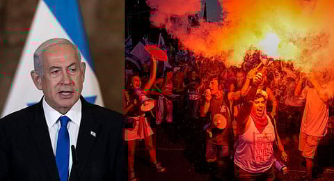 Israelis protest against plans by (L) Prime Minister Benjamin Netanyahu's government to overhaul the judicial system in Tel Aviv, Israel, Saturday, July 15, 2023. (Photos | AP)