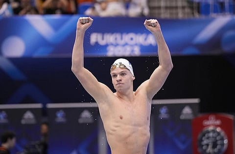 Leon Marchand of France celebrates after winning men 400m Medley final at the World Swimming Championships in Fukuoka, Japan, July 23, 2023. (Photo | AP)