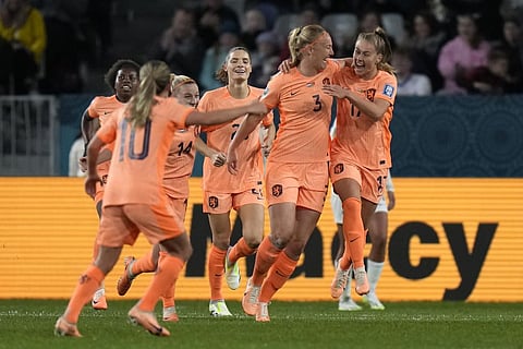 Netherlands team celebrating after scoring during the first half of the FIFA Women's World Cup Group E soccer match between the Netherlands and Portugal. (Photo | AP)