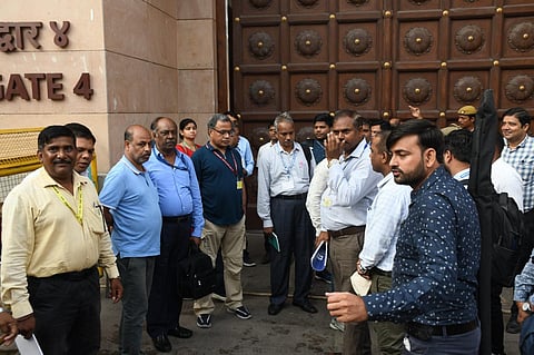 Members of the Archaeological Survey of India (ASI) upon their arrival at the Gyanvapi Mosque complex to conduct a scientific survey, in Varanasi, Monday, July 24, 2023. (PTI)