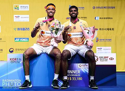 Asian Champions Satwiksairaj Rankireddy and Chirag Shetty clinched the Korea Open 2023 title in Yeosu, Korea. (Photo | BAI Media Twitter)