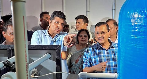 Delhi Chief Minister Arvind Kejriwal at the inauguration of a water ATM, at Mayapuri in New Delhi. (Photo | PTI)