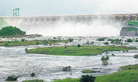 Floodwater being released from Hirakud dam through five gates on Sunday