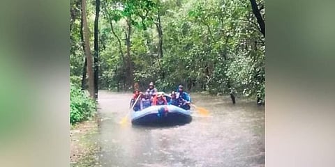  Residents of Kali Tiger Reserve being ferried in a raft following heavy rainfall 