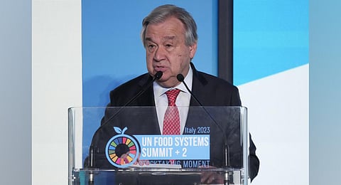 UN Secretary General Antonio Guterres addresses the assembly during the opening session of a three-day U.N. Food and Agriculture Agency's summit on food systems in Rome. (Photo | AP)