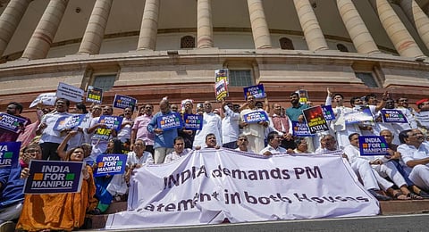 INDIA alliance parties protest demanding statement from PM on Manipur violence. (Photo | PTI)