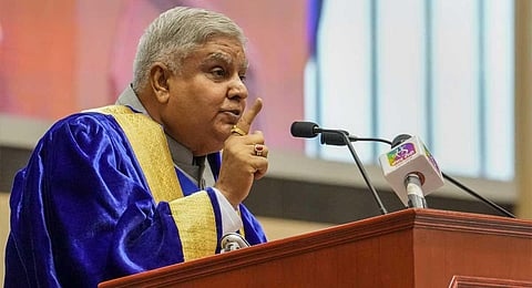 Vice President Jagdeep Dhankhar speaks during the centenary year convocation of Jamia Millia Islamia, in New Delhi, Sunday, July 23, 2023. (PTI)