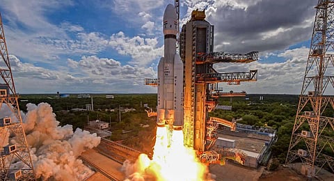 ISRO's Launch Vehicle Mark-III (LVM3) M4 rocket carrying 'Chandrayaan-3' (Photo | PTI)