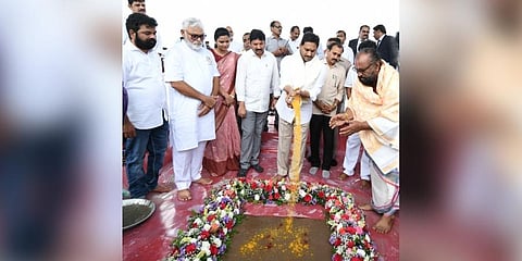 CM YS Jagan Mohan Reddy laying the foundation stone for construction of houses to poor at R5 Zone in Amaravati on Monday | Express