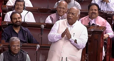 Leader of Opposition in Rajya Sabha Mallikarjun Kharge speaks in the House during the Monsoon session of Parliament. (Photo | PTI)