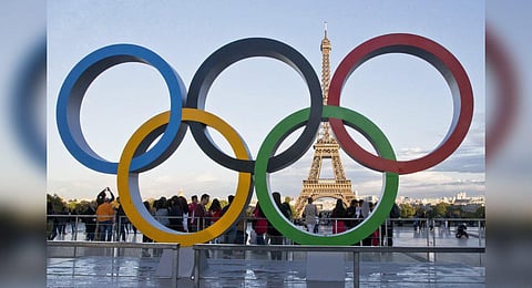 FILE - The Olympic rings are set up at Trocadero plaza that overlooks the Eiffel Tower in Paris, Thursday, Sept. 14, 2017. (Photo | AP)