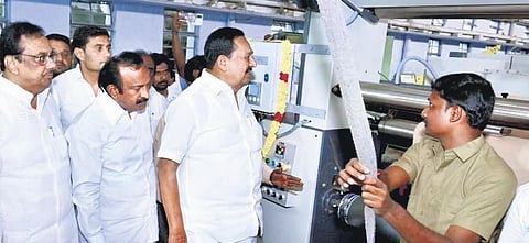 Handlooms Minister R Gandhi inspecting Tamil Nadu Co-operative Textile Processing Mill in Erode on Monday | Express