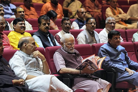 Prime Minister Modi with Defence Minister Rajnath Singh and Union Minister for Commerce and Industry Piyush Goyal during the BJP parliamentary party meeting, in New Delhi. (PTI)
