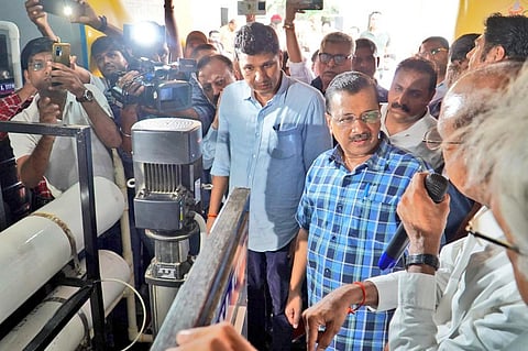 Delhi Chief Minister Arvind Kejriwal at the inauguration of a water ATM, at Mayapuri in New Delhi, Monday, July 24, 2023. (PTI)