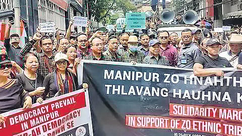 Mizoram CM Zoramthanga, along with members of civil society organisations, takes part in a demonstration to express solidarity with the Zo people in Manipur | pti