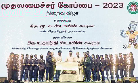 Tamil Nadu Chief Minister MK Stalin and sports minister Udhayanidhi Stalin felicitated the state women’s football team at the CM Trophy event | M Jawahar