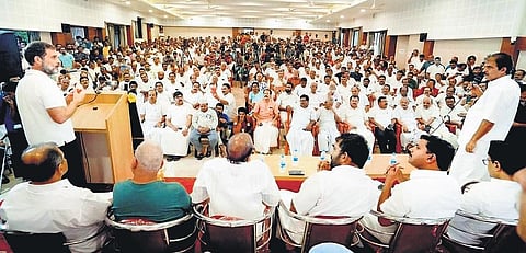 Rahul Gandhi speaks at a programme held to commemorate Congress leader Oommen Chandy in Malappuram on Tuesday