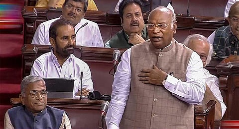 Leader of the Opposition in Rajya Sabha Mallikarjun Kharge speaks in the House during the Monsoon session of Parliament, in New Delhi, Wednesday, July 26, 2023. (PTI)