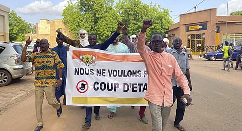 Supporters of Nigerien President Mohamed Bazoum demonstrate in his support in Niamey, Niger. (Photo | AP)