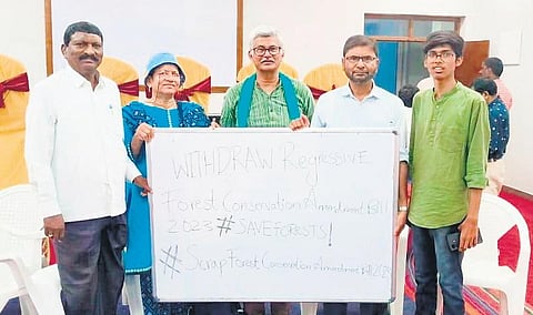 Climate activists protest against the Forest (Conservation) Amendment Bill 2023 in Hyderabad