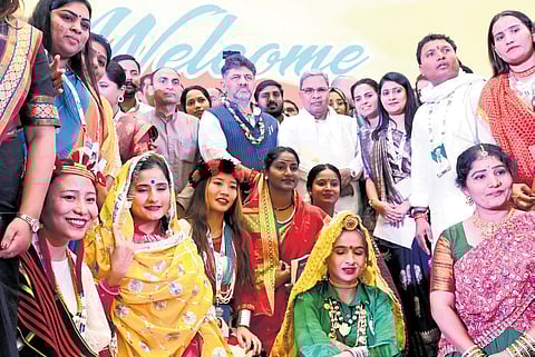 Chief Minister Siddaramaiah, Deputy CM DK Shivakumar, National Youth Congress president Srinivas BV and other party members at the national Youth Congress Convention, in Bengaluru on Wednesday | Nagar