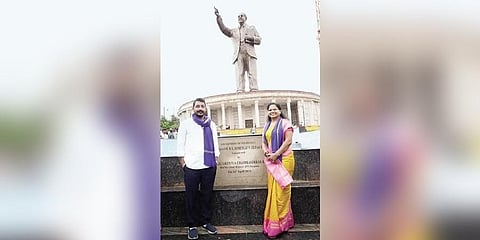 MLC K Kavitha with Bhim Army chief Chandrasekhar Azad at the BR Ambedkar statue in Hyderabad on Thursday
