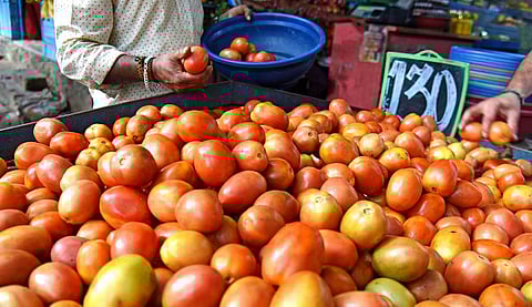 Tomatoes on sale for Rs 130 a kg at Cox Town market on Thursday. (Photo | Vinod Kumar T, EPS)