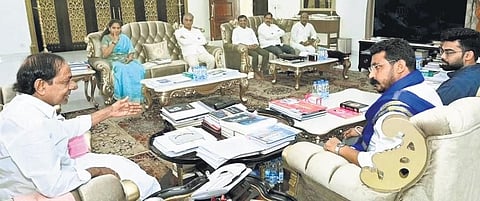Chief Minister K Chandrasekhar Rao speaks to Bhim Army chief Chandrasekhar Azad at Pragathi Bhavan on Friday