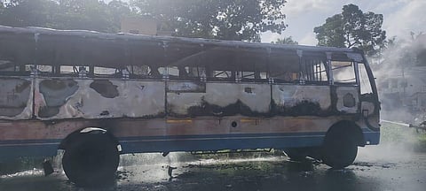 KSRTC bus that caught fire at Chembakamangalam on NH 66 between Attingal and Thiruvananthapuram on Saturday. (Photo | Express)