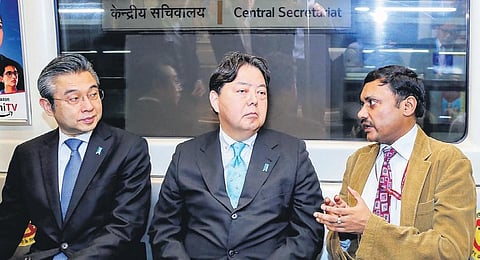 Ambassador of Japan to India Hiroshi Suzuki, Japanase Foreign Affairs Minister Yoshimasa Hayashi and Director (Operations & Services), DMRC, Amit Kumar Jain in Delhi Metro on Friday | PTI